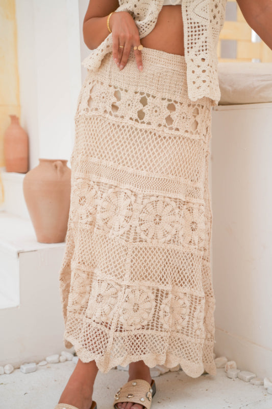 The "Dahlia" Pointelle Maxi Skirt - Beige