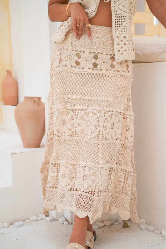 The "Dahlia" Pointelle Maxi Skirt - Beige