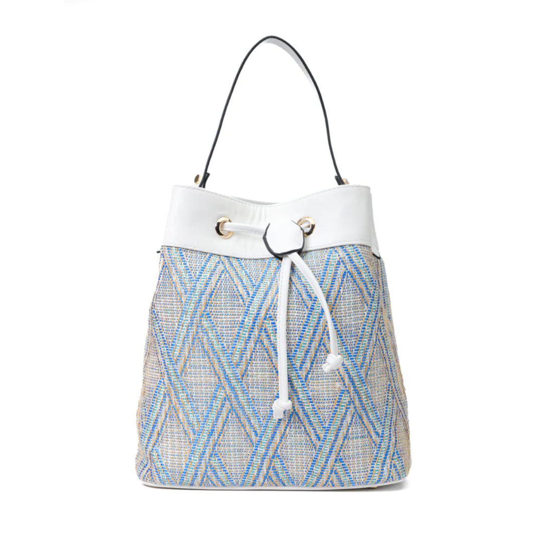 Multicolored Woven Fabric and Leather Handbag White