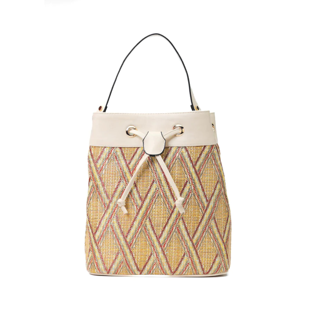 Multicolored Woven Fabric and Leather Handbag Beige