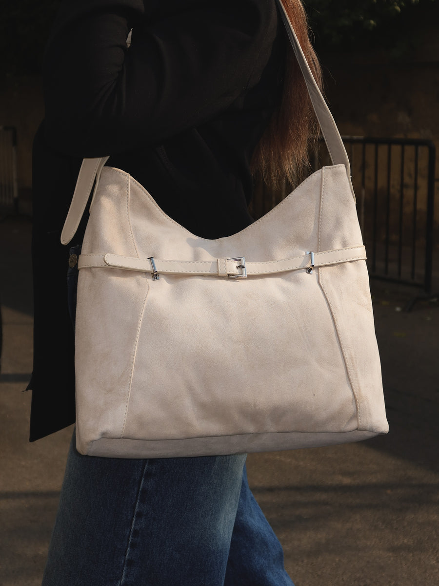 Belted Slouch Shoulder Bag Faux Suede – Beige