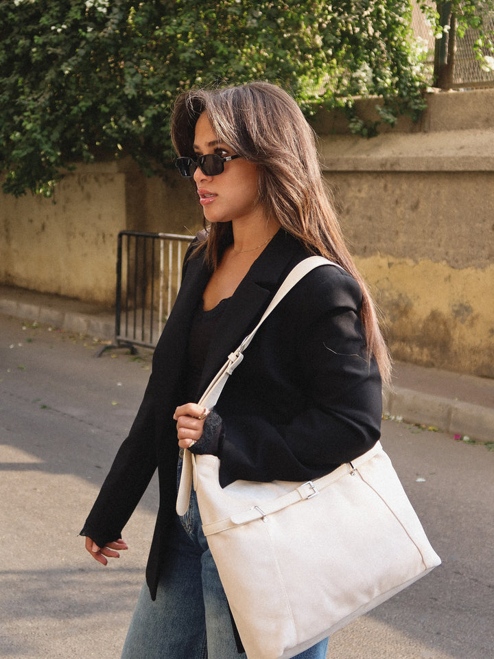 Beige belted slouch shoulder bag faux suede – worn on model (2)