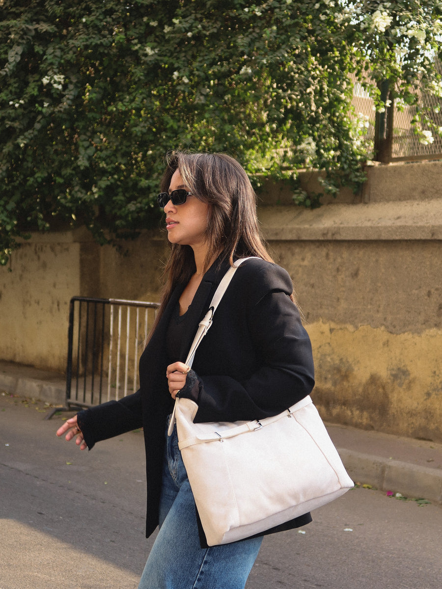 Belted Slouch Shoulder Bag Faux Suede – Beige