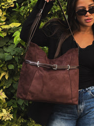 Belted Slouch Shoulder Bag Faux Suede – Brown