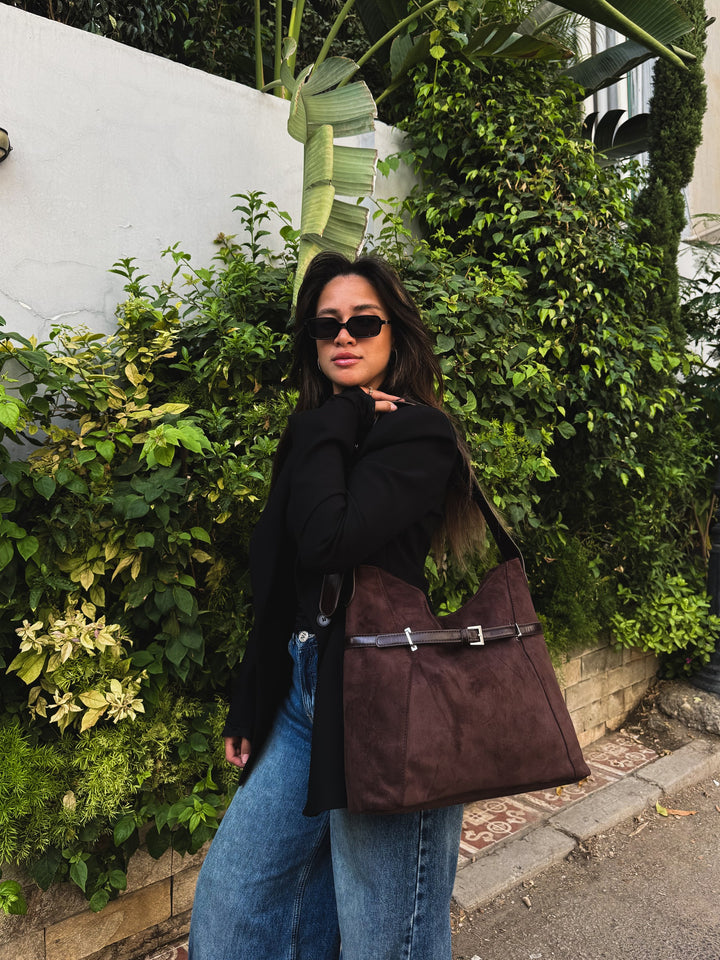 Brown belted slouch shoulder bag faux suede – worn on model (3)
