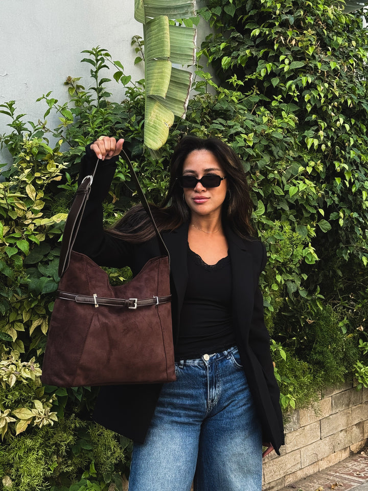Brown belted slouch shoulder bag faux suede – worn on model (4)