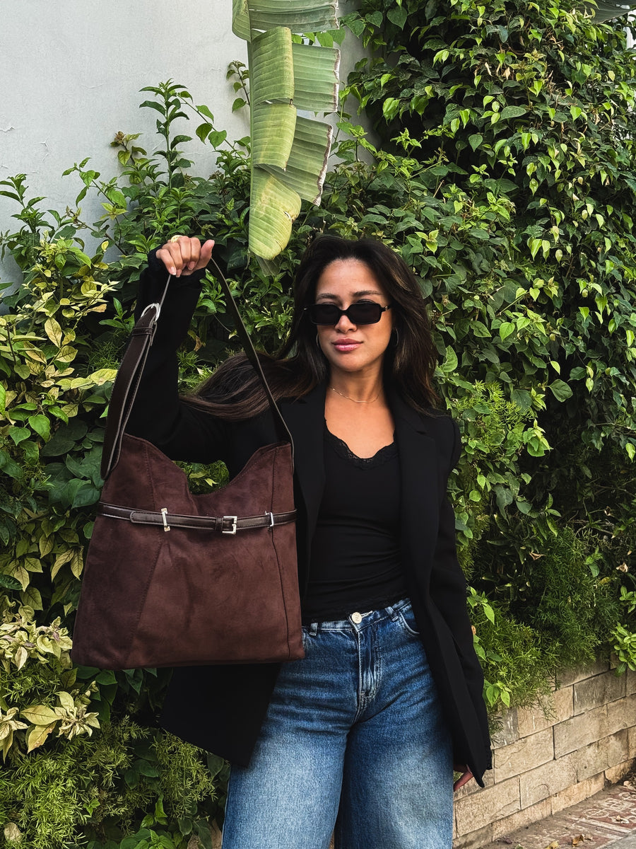 Belted Slouch Shoulder Bag Faux Suede – Brown