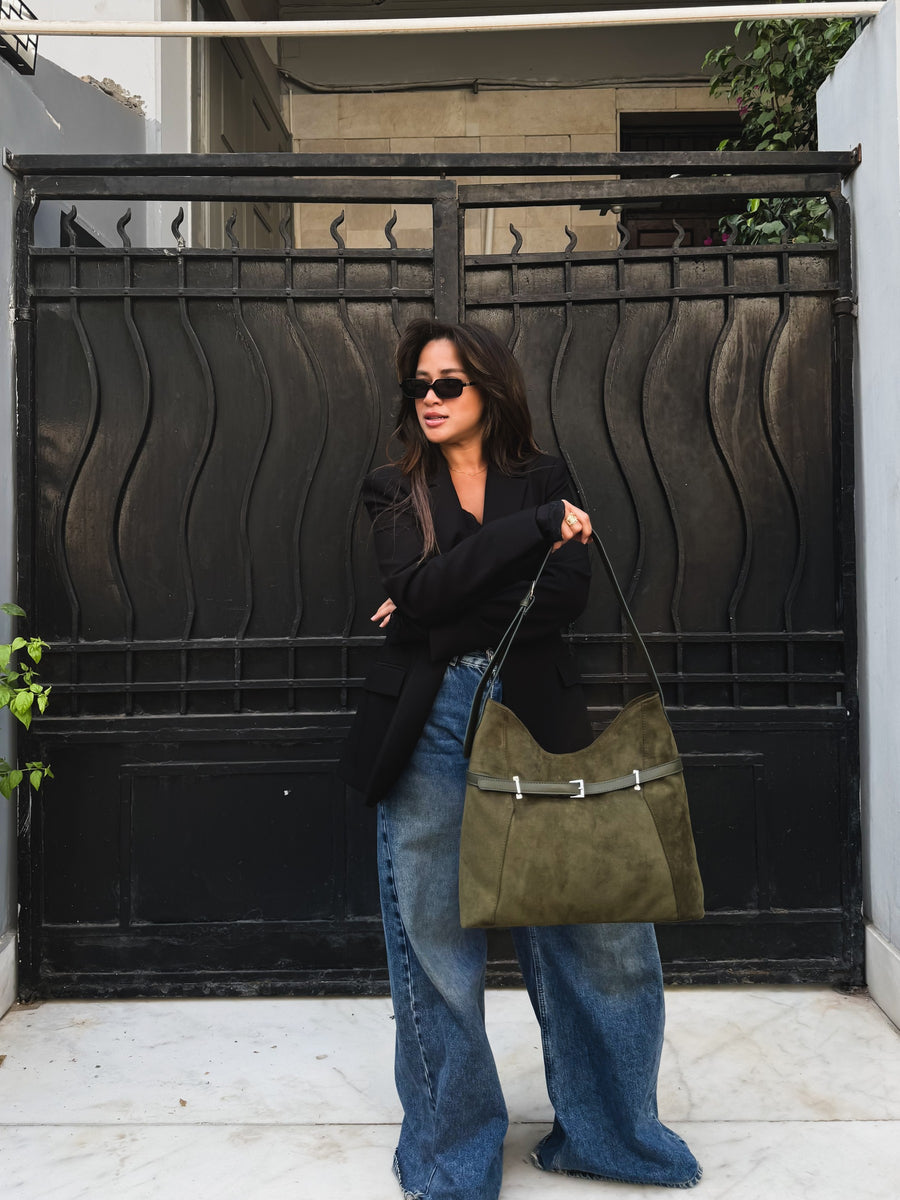 Belted Slouch Shoulder Bag Faux Suede – Olive