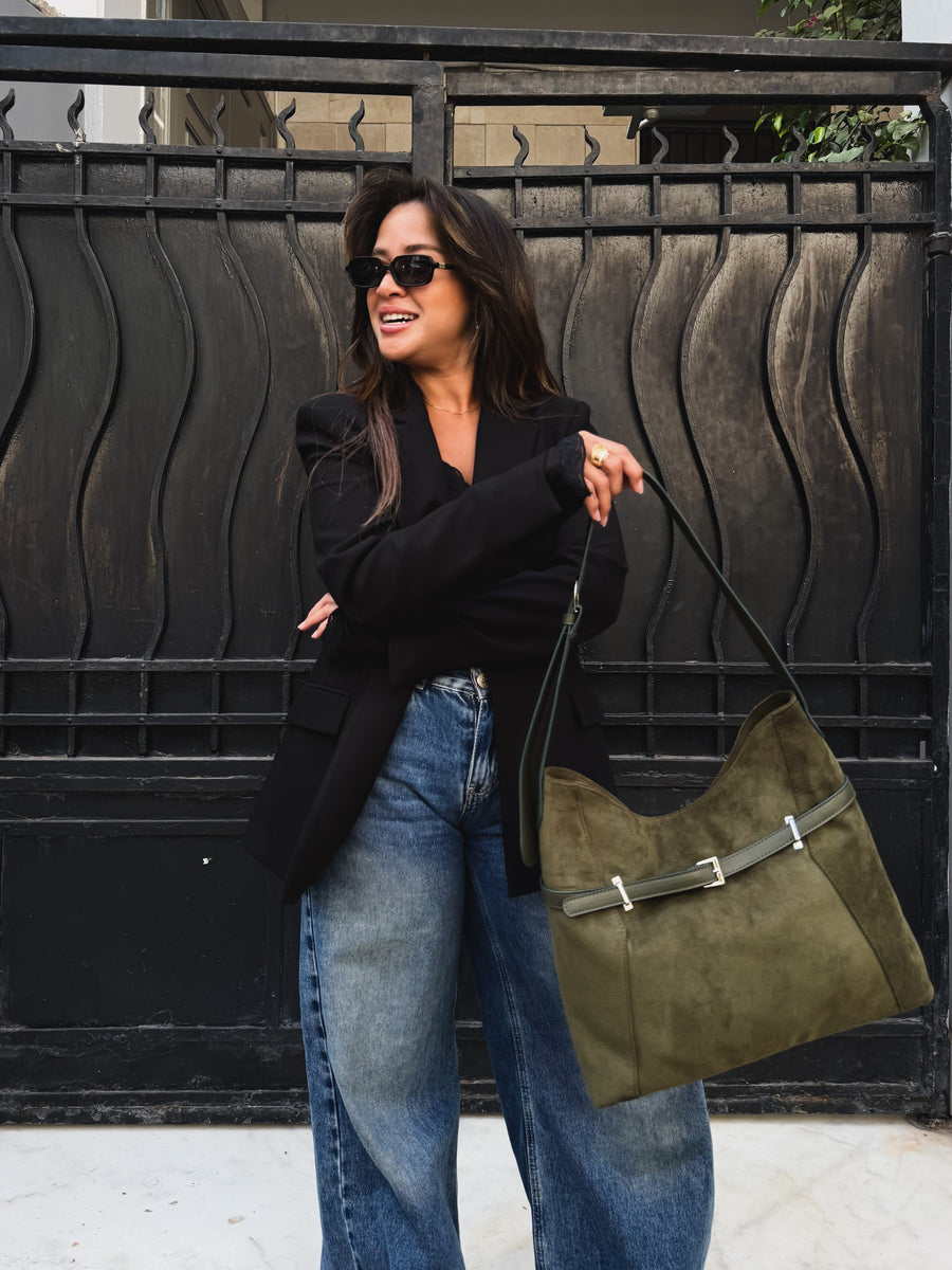 Belted Slouch Shoulder Bag Faux Suede – Olive