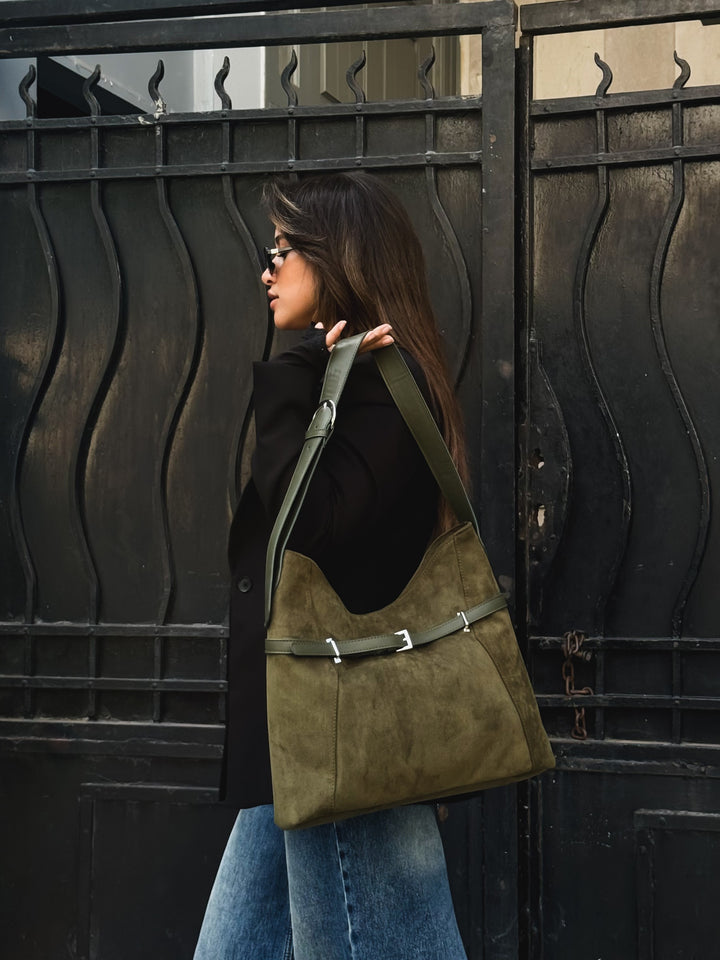 Olive belted slouch shoulder bag faux suede – worn on model (5)
