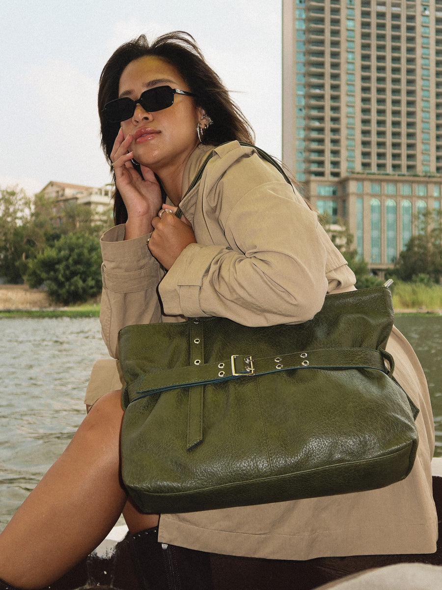 Belted Tote Bag Faux Leather – Olive