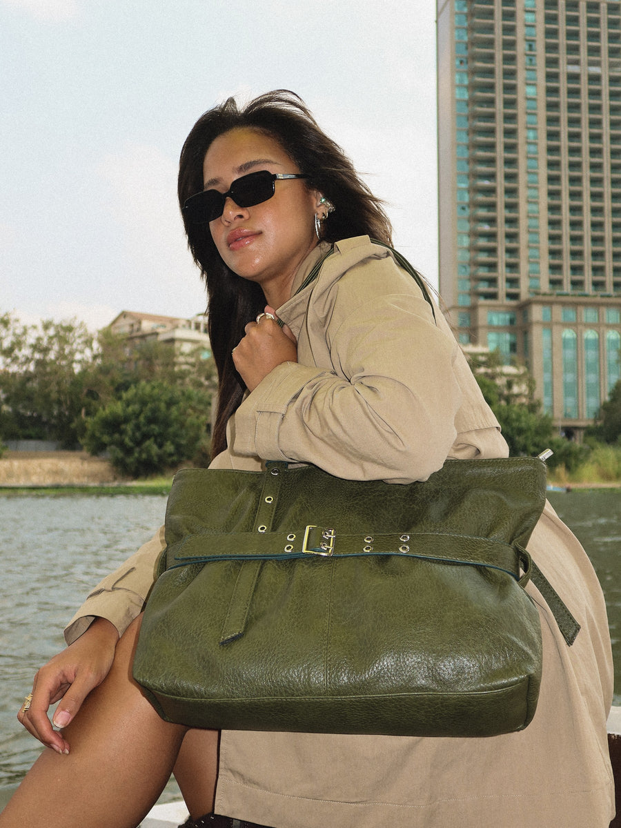 Belted Tote Bag Faux Leather – Olive