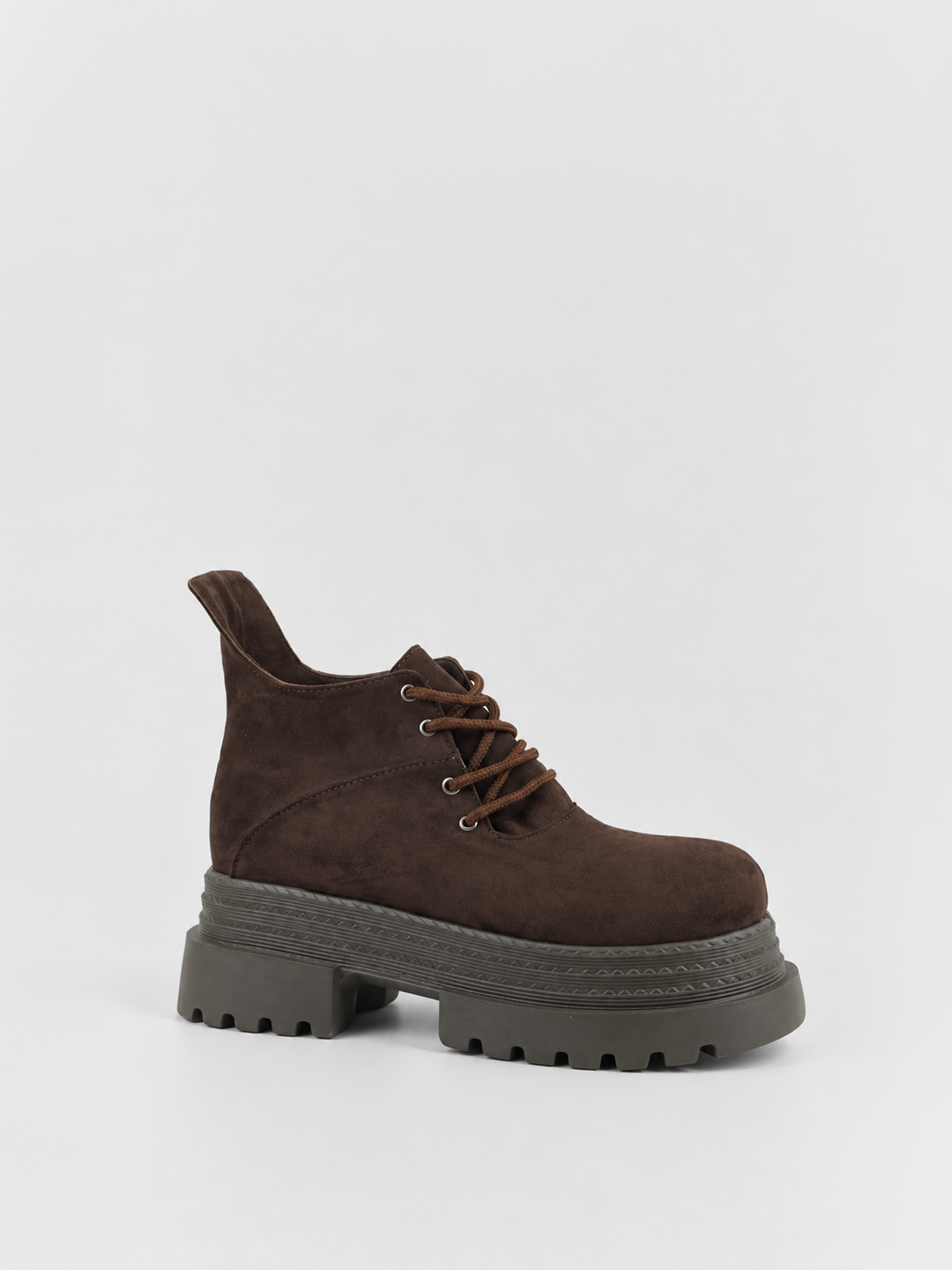 Brown buckle flap lace-up platform ankle boot faux suede – side view with laces showing