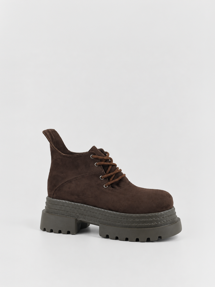 Brown buckle flap lace-up platform ankle boot faux suede – side view with laces showing