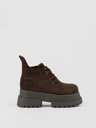 Buckle Flap Lace-Up Platform Ankle Boot Faux Suede – Brown