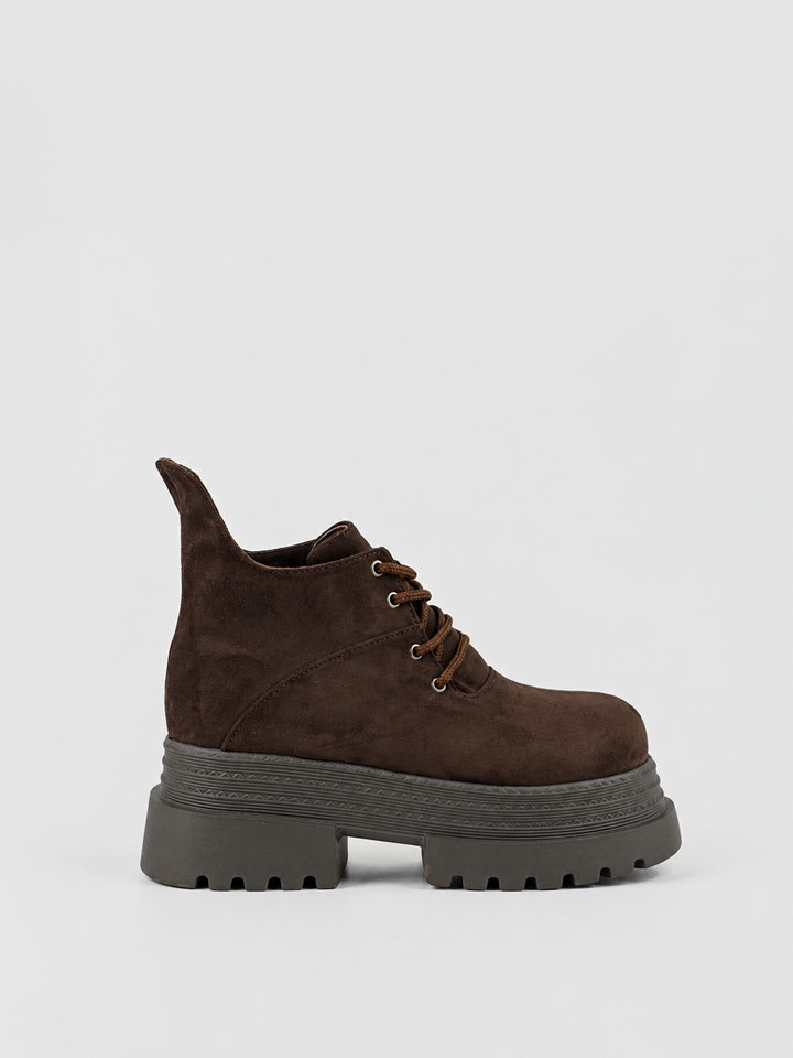 Brown buckle flap lace-up platform ankle boot faux suede – front three-quarter view