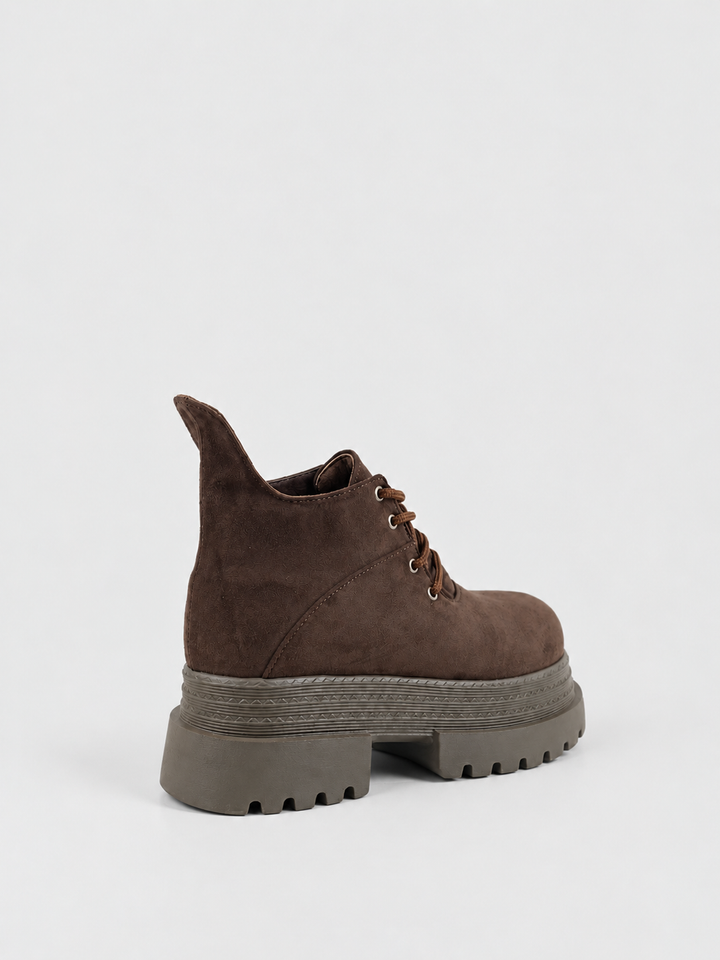 Brown buckle flap lace-up platform ankle boot faux suede – back three-quarter view
