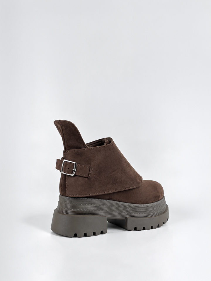 Brown buckle flap lace-up platform ankle boot faux suede – side view with the buckle flap closed