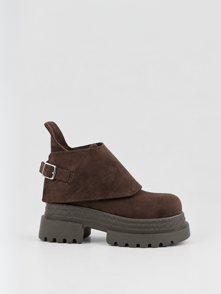 Buckle Flap Lace-Up Platform Ankle Boot Faux Suede – Brown