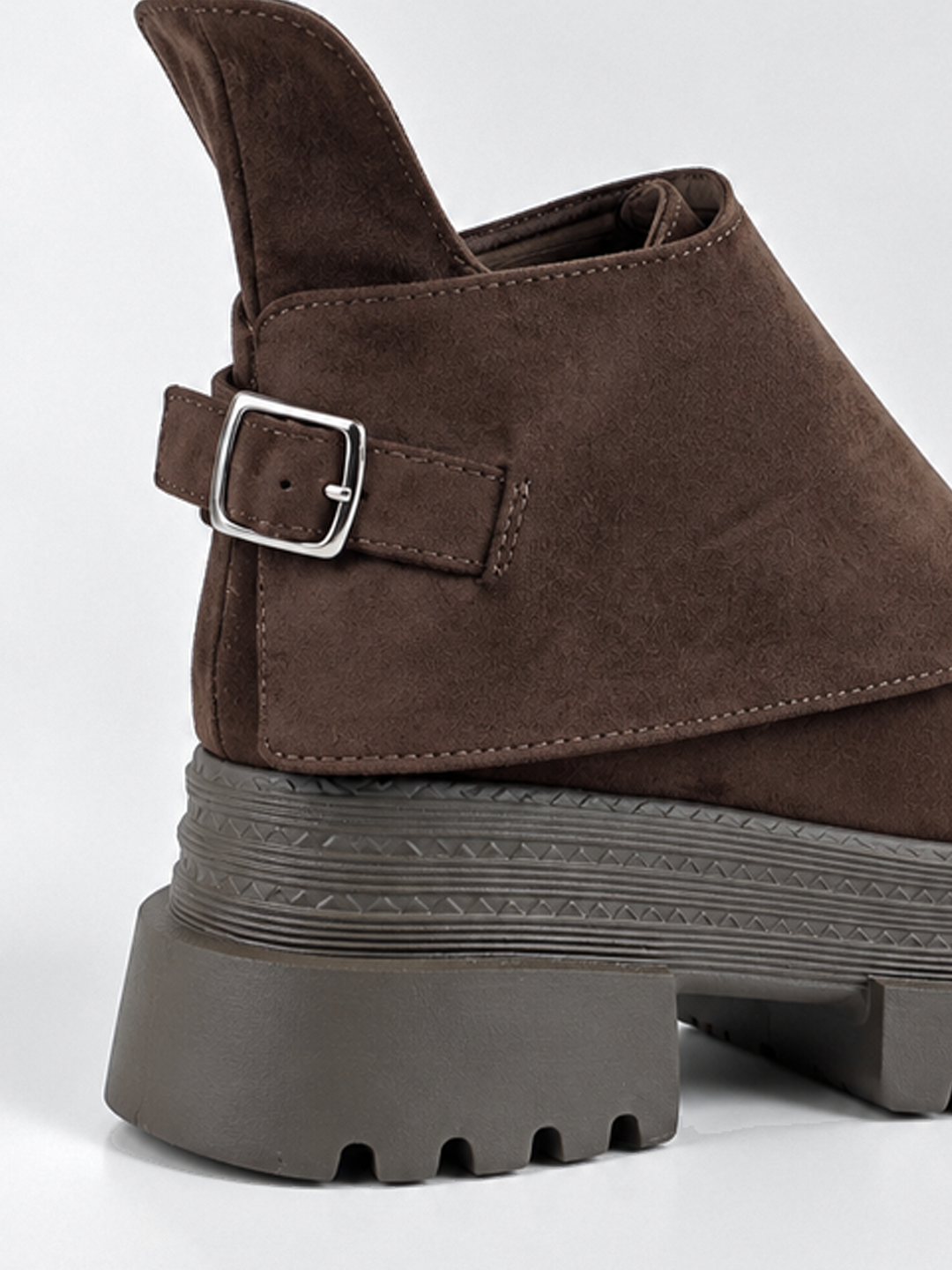 Brown buckle flap lace-up platform ankle boot faux suede – buckle flap close-up