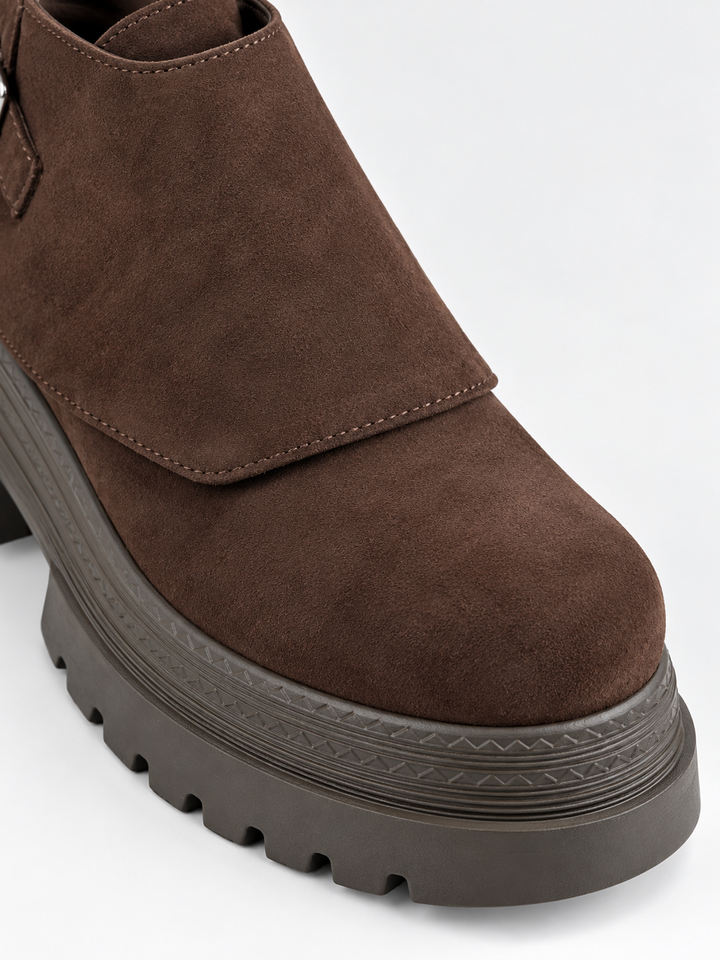 Brown buckle flap lace-up platform ankle boot faux suede – toe and platform close-up