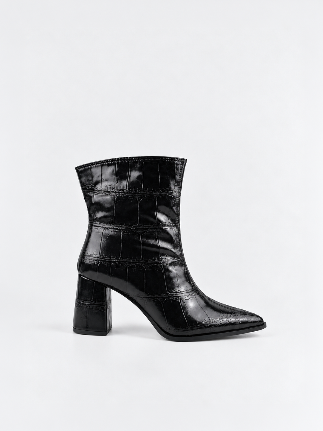 Black croc-embossed block heel ankle boot faux leather – side view