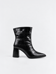 Croc-Embossed Block Heel Ankle Boot Faux Leather – Black