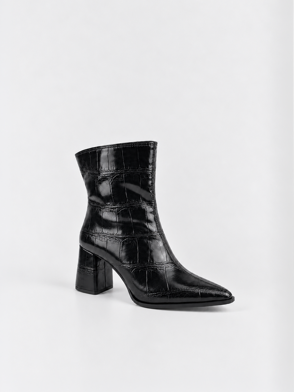 Black croc-embossed block heel ankle boot faux leather – front three-quarter view