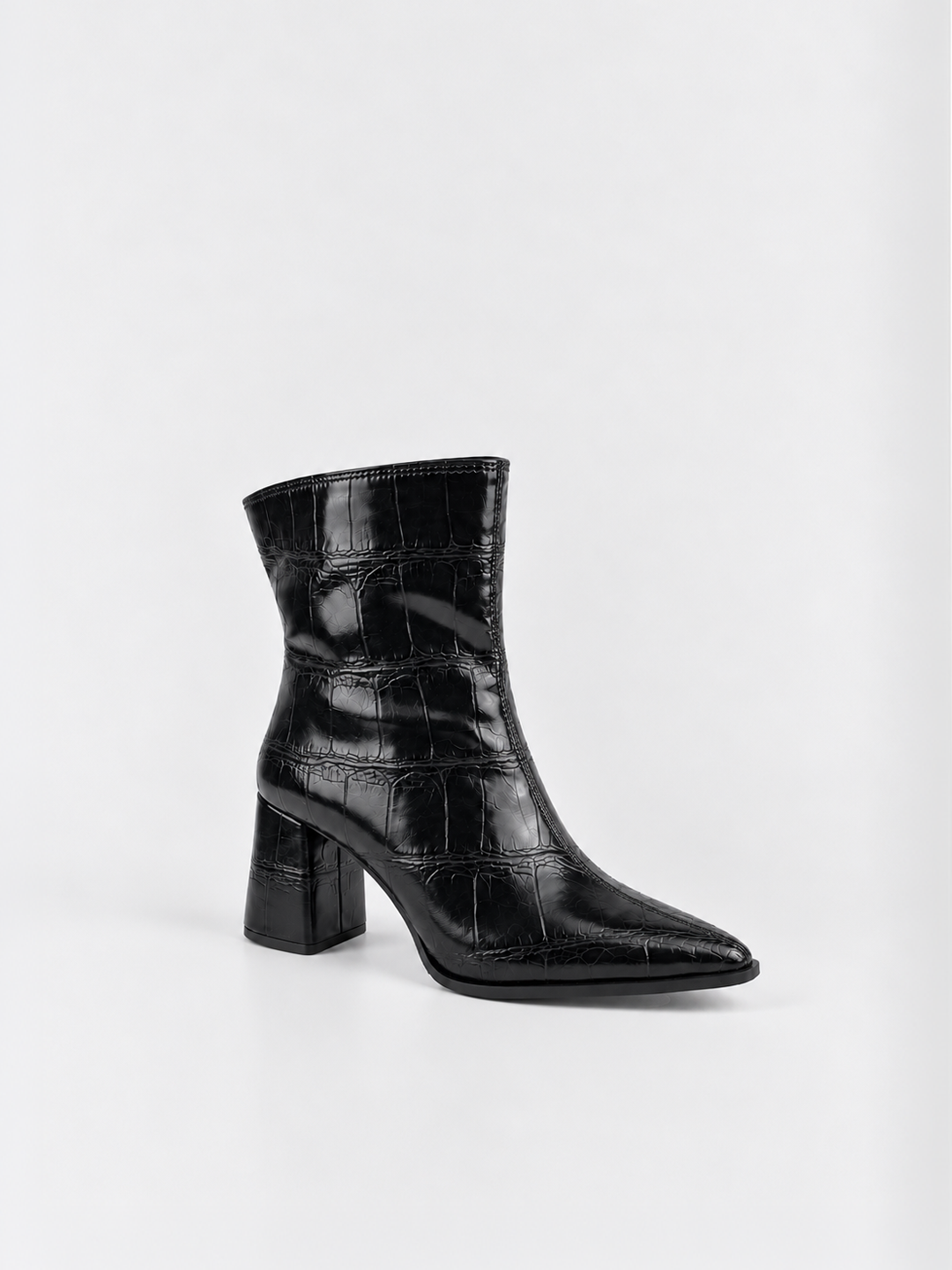 Black croc-embossed block heel ankle boot faux leather – front three-quarter view