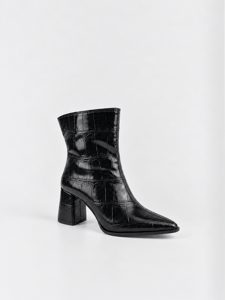 Black croc-embossed block heel ankle boot faux leather – front three-quarter view