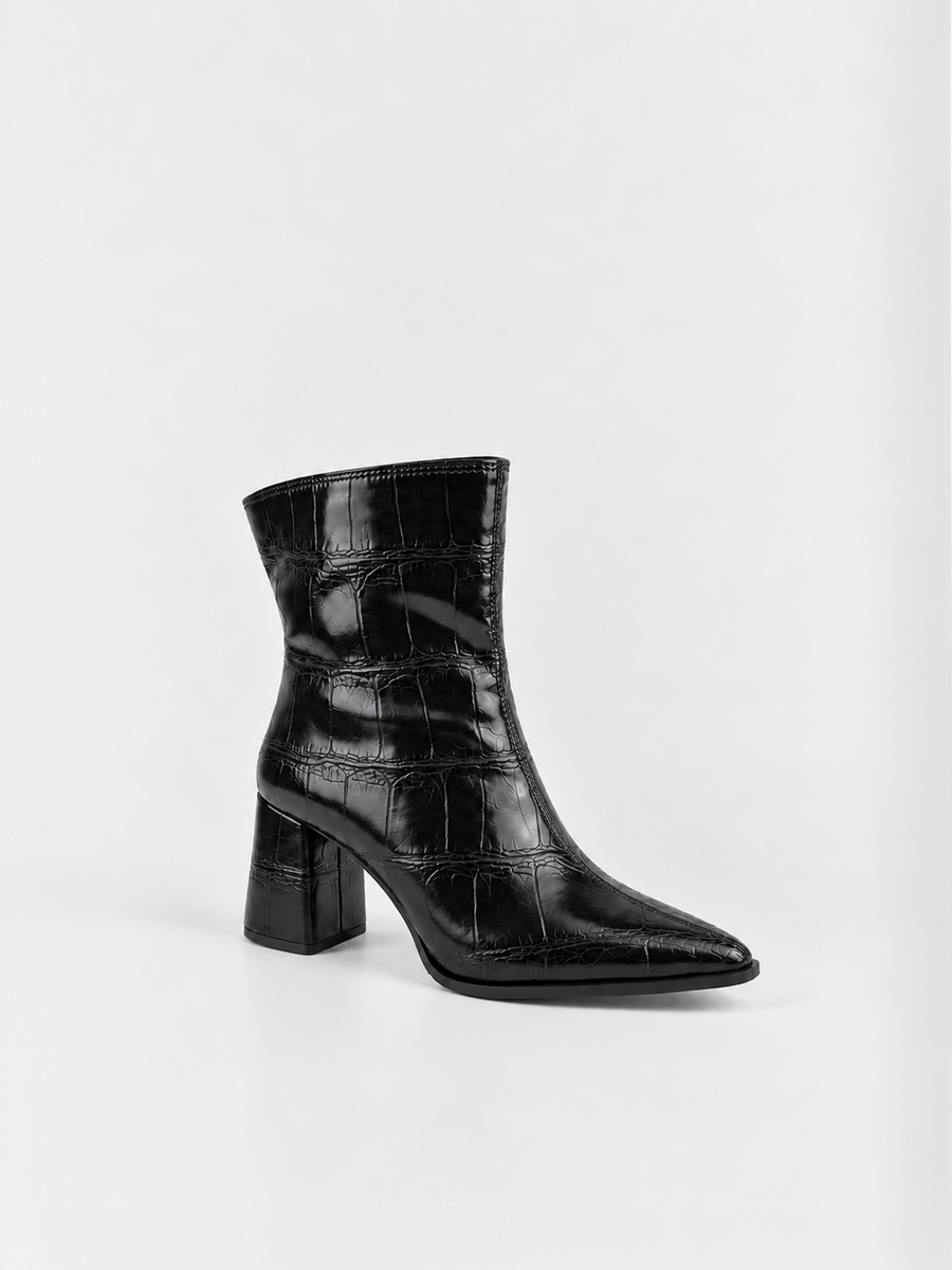 Croc-Embossed Block Heel Ankle Boot Faux Leather – Black