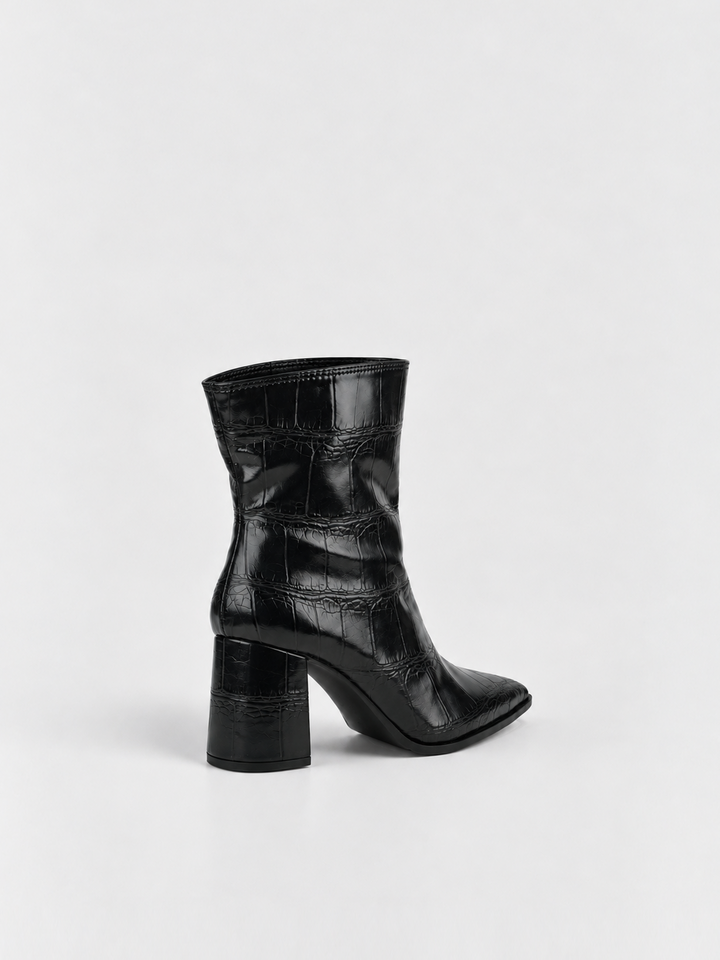 Black croc-embossed block heel ankle boot faux leather – back three-quarter view