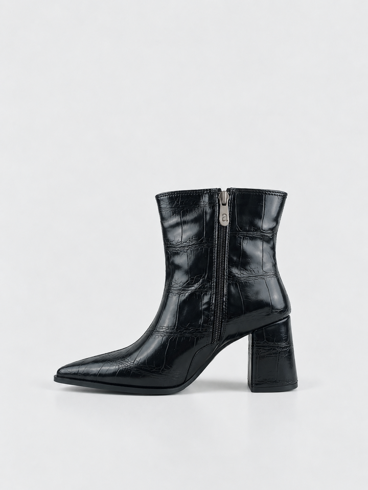 Black croc-embossed block heel ankle boot faux leather – inner side view showing the zip