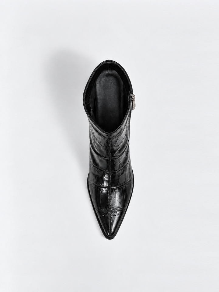 Black croc-embossed block heel ankle boot faux leather – top view