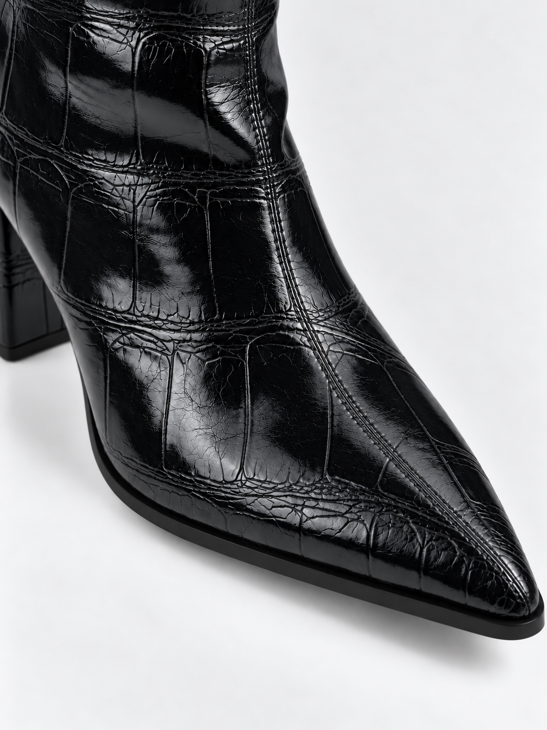 Black croc-embossed block heel ankle boot faux leather – pointed toe close-up
