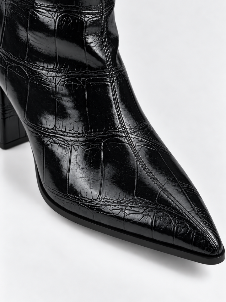 Black croc-embossed block heel ankle boot faux leather – pointed toe close-up
