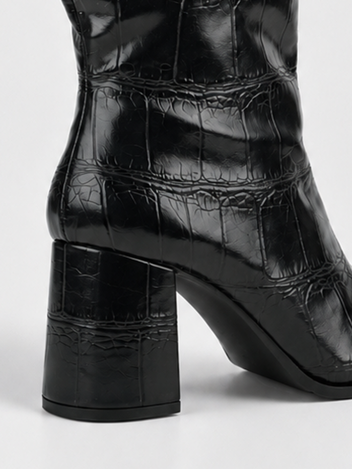 Black croc-embossed block heel ankle boot faux leather – block heel close-up