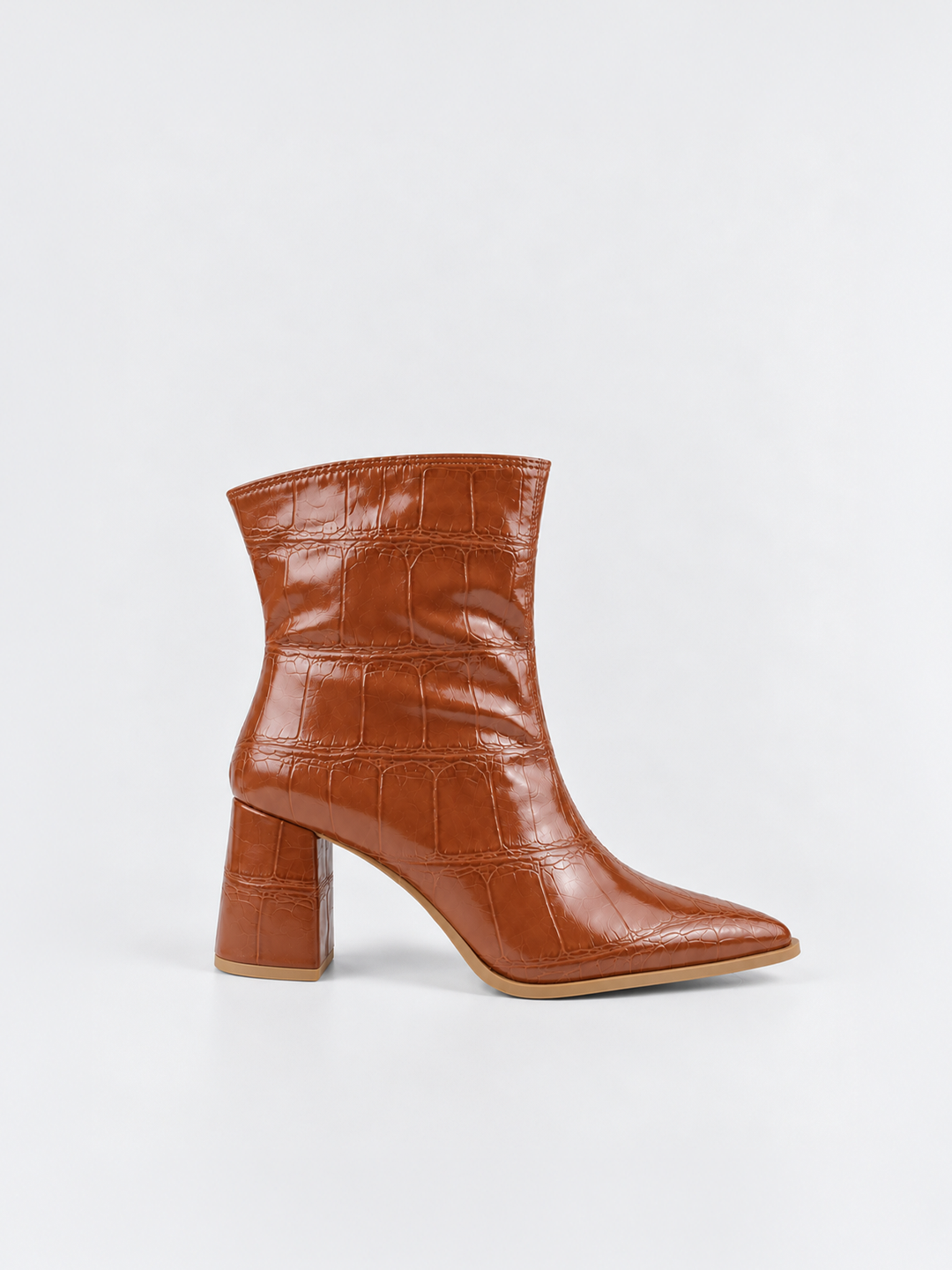 Havane croc-embossed block heel ankle boot faux leather – side view