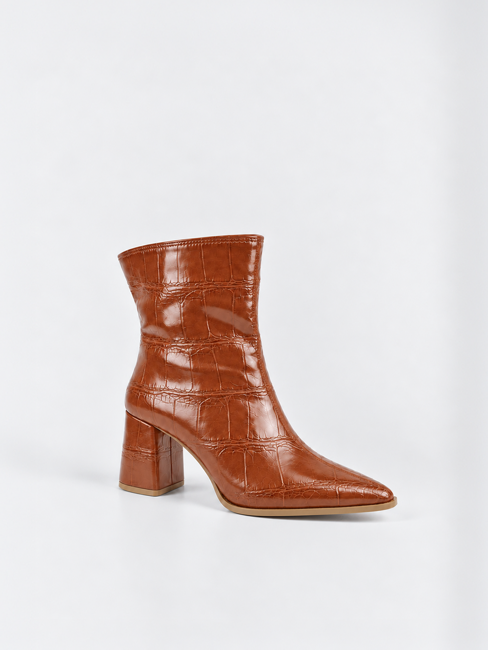 Havane croc-embossed block heel ankle boot faux leather – front three-quarter view