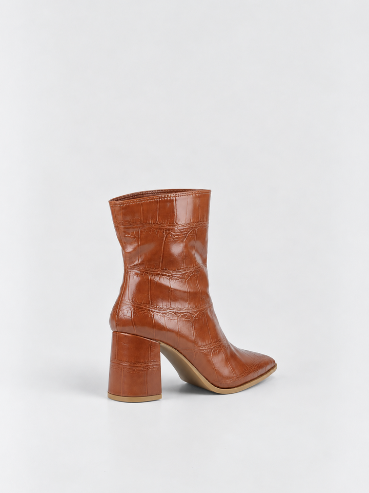 Havane croc-embossed block heel ankle boot faux leather – back three-quarter view