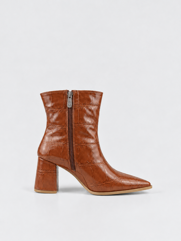 Havane croc-embossed block heel ankle boot faux leather – inner side view showing the zip