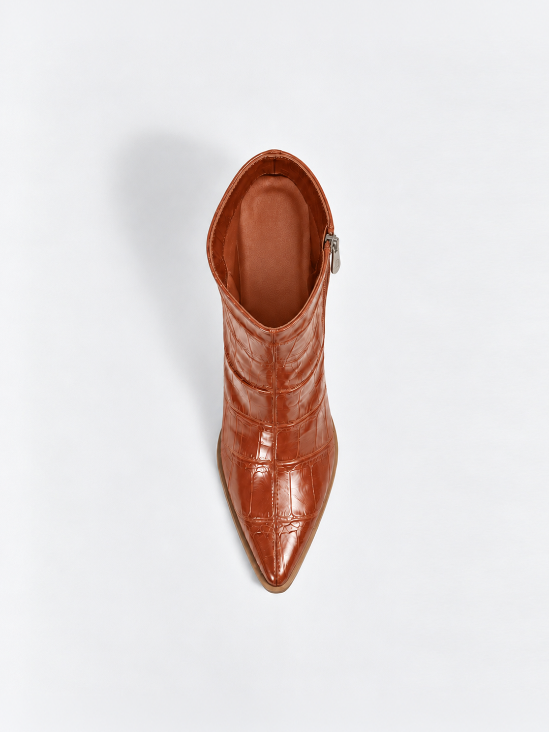 Havane croc-embossed block heel ankle boot faux leather – top view