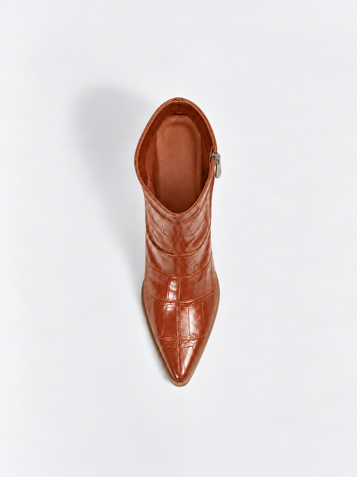 Havane croc-embossed block heel ankle boot faux leather – top view