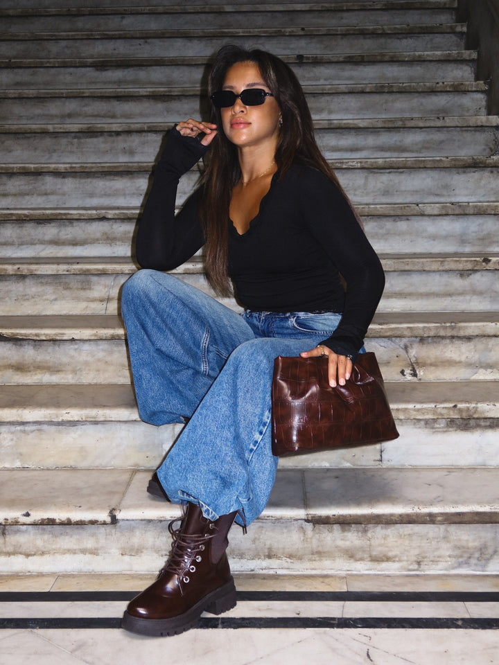 Dark Brown croc-embossed ruched clutch faux leather – worn on model (6)