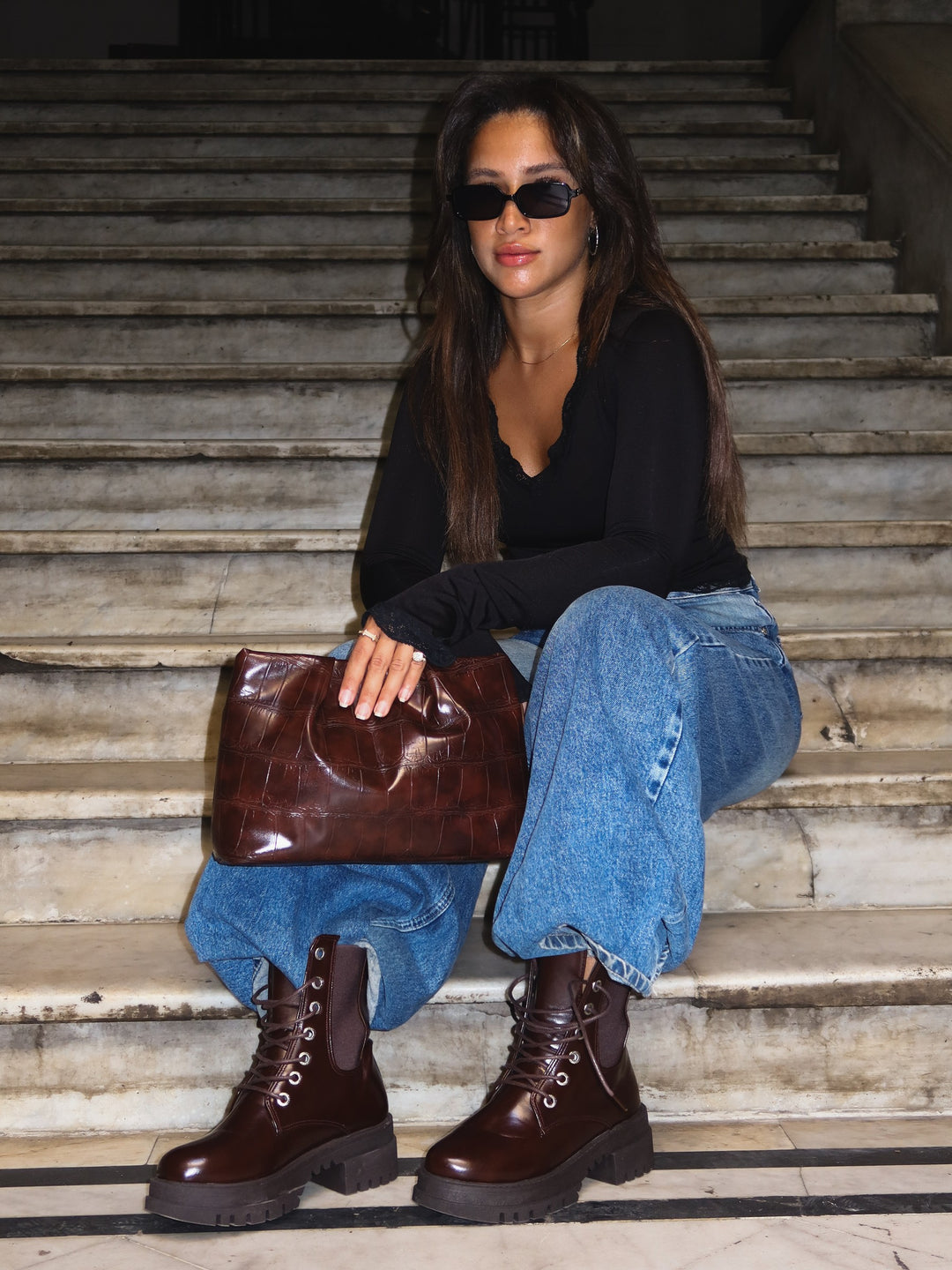Dark Brown croc-embossed ruched clutch faux leather – worn on model (8)