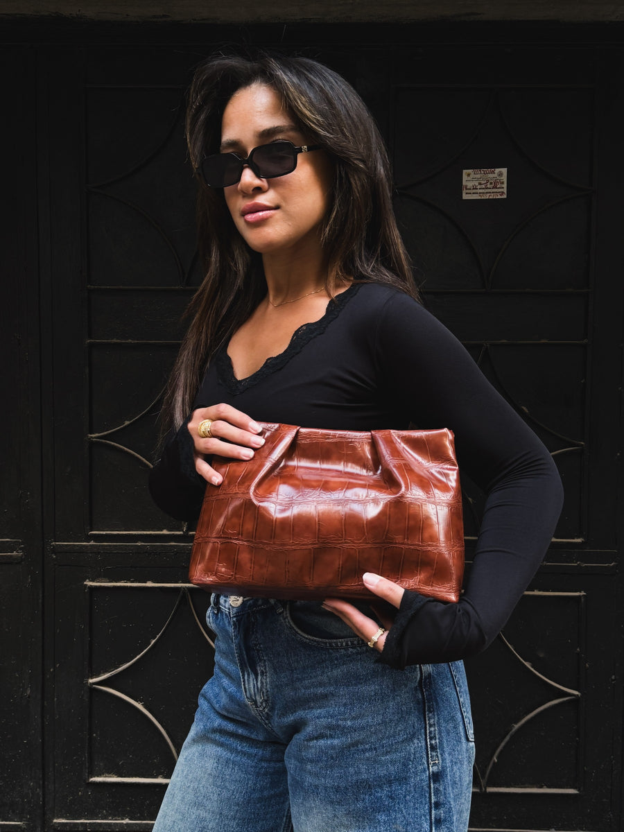 Croc-Embossed Ruched Clutch Faux Leather – Havane