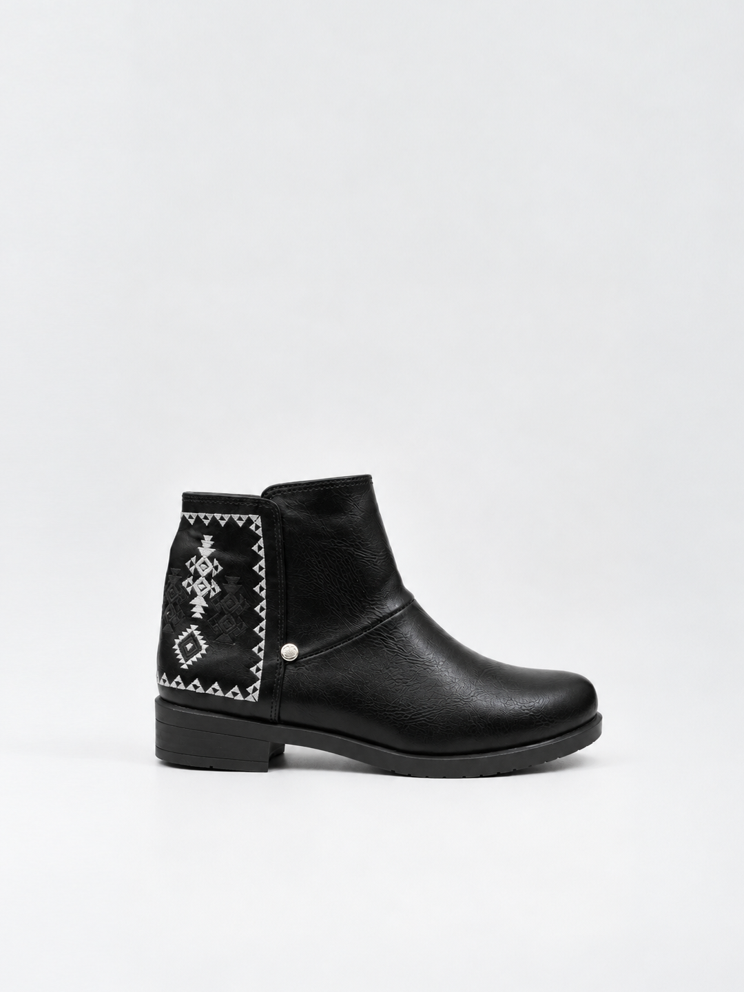 Black embroidered panel ankle boot faux leather – side view