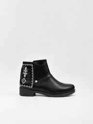 Embroidered Panel Ankle Boot Faux Leather – Black