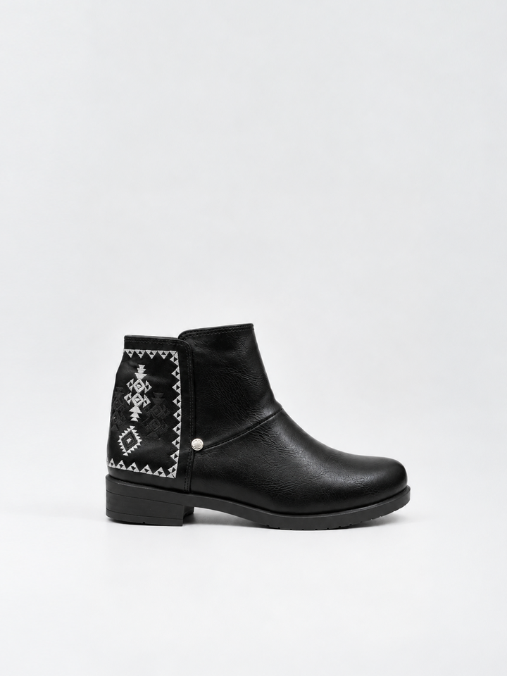 Black embroidered panel ankle boot faux leather – side view