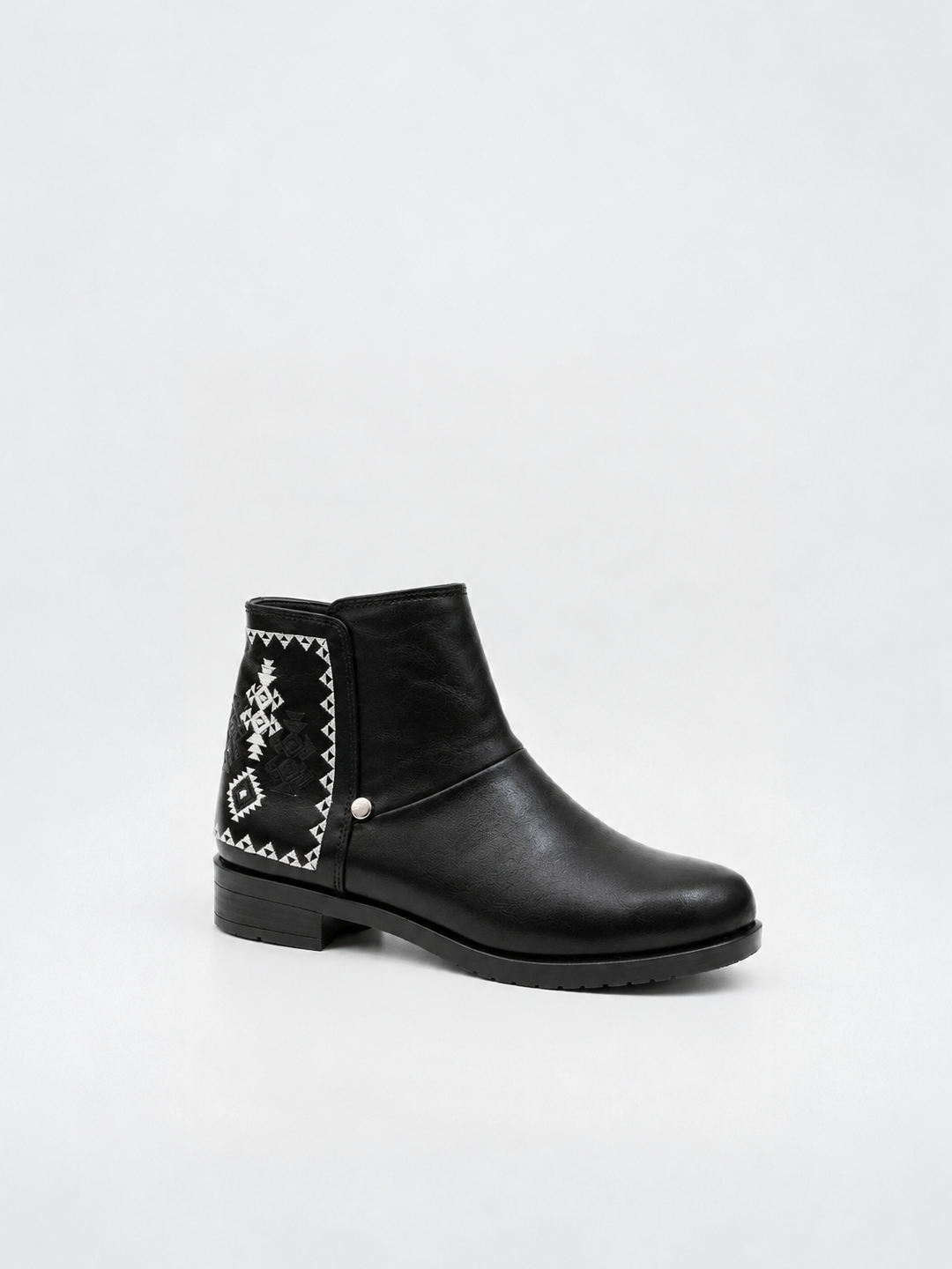 Black embroidered panel ankle boot faux leather – front three-quarter view